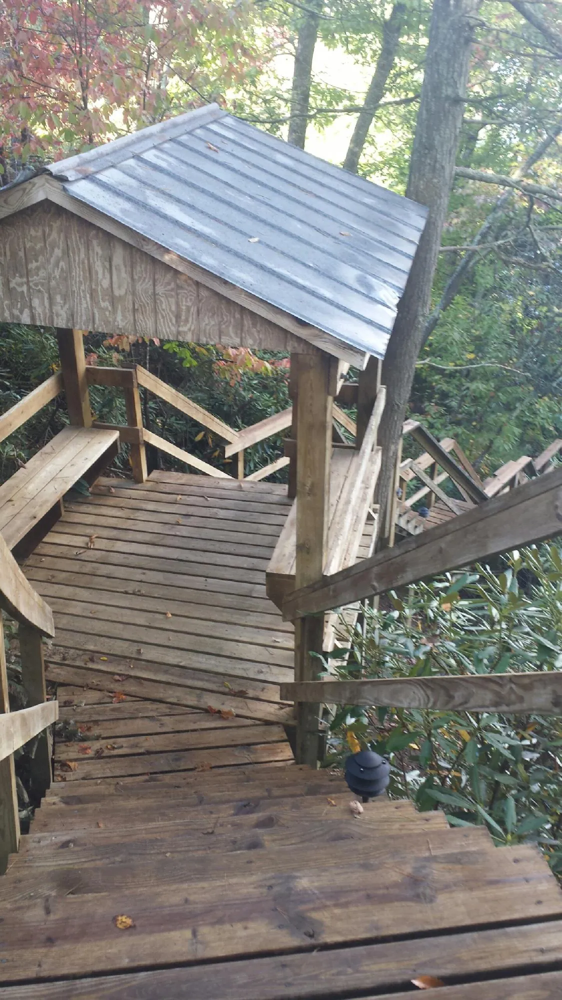 Metal roofed shelter over wooden steps on a wooded walkway — Skylight Repair & Installation work by our crew in Sharps Chapel
